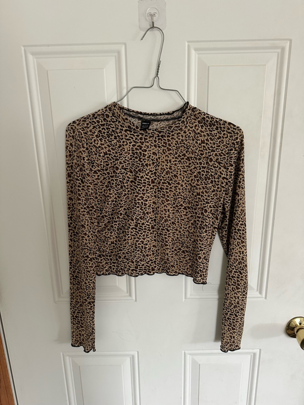 SHEIN Leopard Print Long Sleeve Crop Top - Brown/Black
